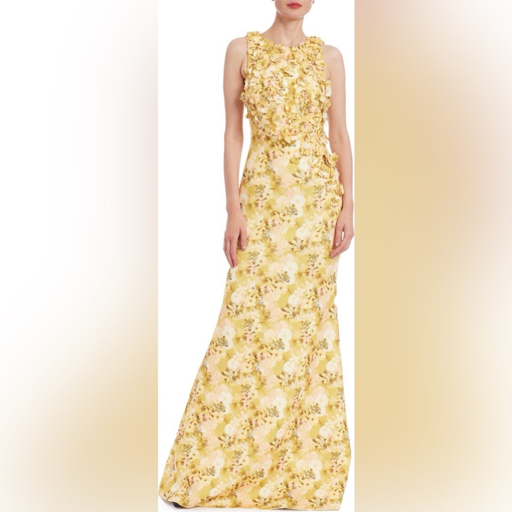 Badgley Mischka Yellow Floral Embellished Sleeveless Gown